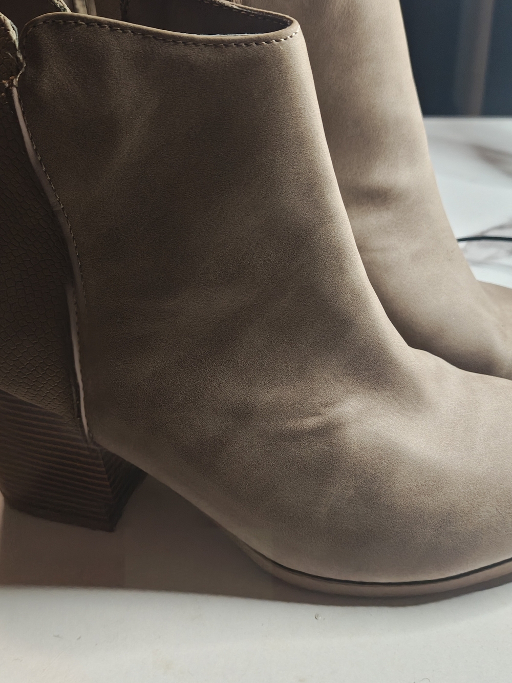 Women's Taupe Suede-Look Ankle Bootie with Block Heel